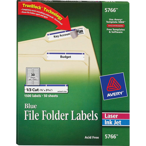 Avery® TrueBlock(R) File Folder Labels, Sure Feed(TM) Technology, Permanent Adhesive, Blue, 2/3" x 3-7/16", 1,500 Labels (5766)