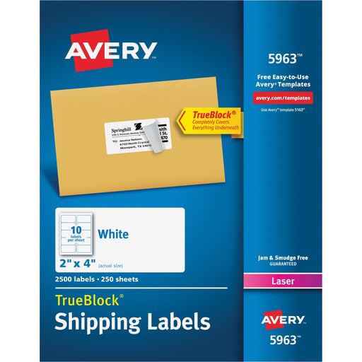Avery® TrueBlock(R) Shipping Labels, Sure Feed(TM) Technology, Permanent Adhesive, 2" x 4", 2,500 Labels (5963)