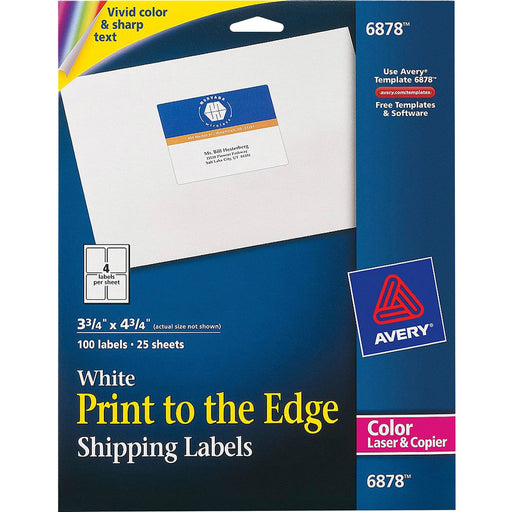 Avery® Shipping Labels, Sure Feed(TM) Technology, Print to the Edge, Permanent Adhesive, 3-3/4" x 4-3/4", 100 Labels (6878)