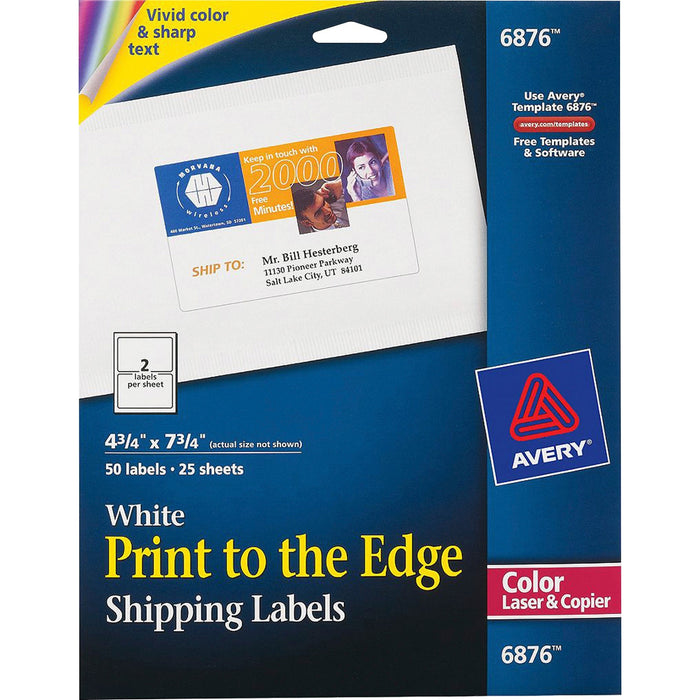 Avery® Shipping Labels, Sure Feed(TM) Technology, Print to the Edge, Permanent Adhesive, 4-3/4" x 7-3/4", 50 Labels (6876)