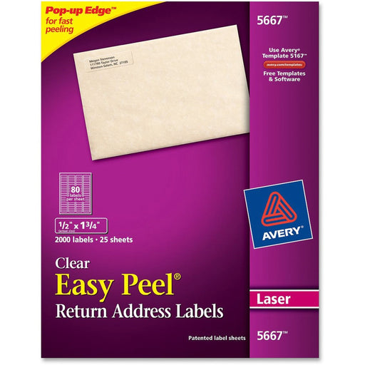 Avery® Matte Clear Return Address Labels, Sure Feed(TM) Technology, Laser, 1/2" x 1-3/4", 2,000 Labels (5667)