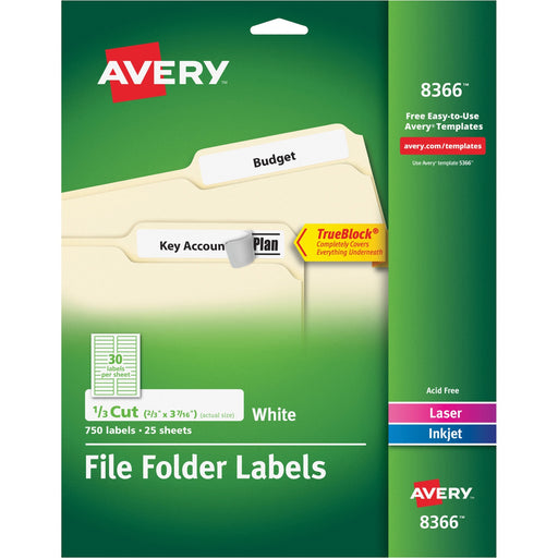 Avery® TrueBlock(R) File Folder Labels, Sure Feed(TM) Technology, Permanent Adhesive, White, 2/3" x 3-7/16", 750 Labels (8366)