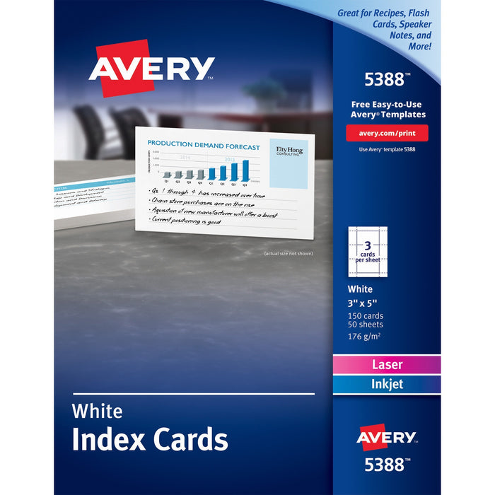 Avery® Index Cards, Uncoated, Two-Sided Printing, 3" x 5", 150 Cards (5388)