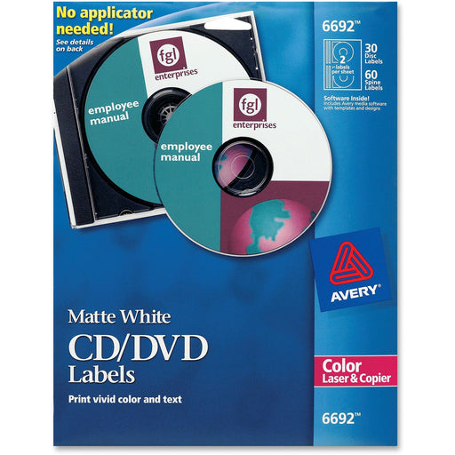 Avery® CD/DVD Label, Permanent Adhesive, Print to the Edge, 30 Disc Labels and 60 Spine Labels (6692)