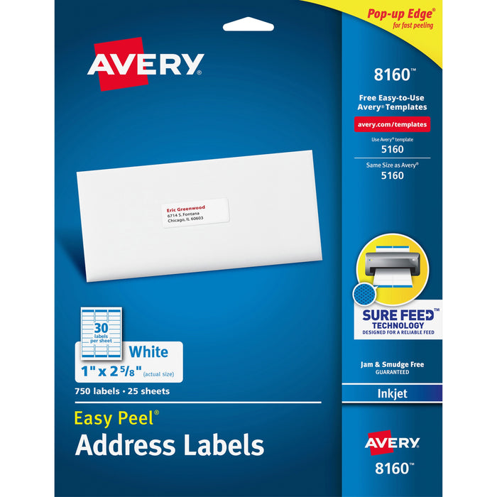 Avery® Easy Peel(R) Address Labels, Sure Feed(TM) Technology, Permanent Adhesive, 1" x 2-5/8", 750 Labels (8160)