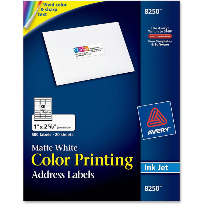 Avery® Color Printing Labels, Sure Feed(TM) Technology, Permanent Adhesive, Matte, 1" x 2-5/8", 600 Labels (8250)