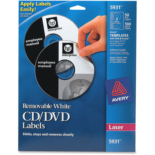 Avery® Removable CD Labels, Print to the Edge, Removable Adhesive, 50 Disc Labels and 100 Spine Labels (5931)