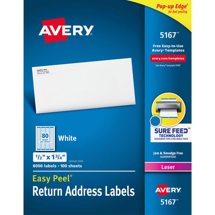 Avery® Easy Peel(R) Return Address Labels, Sure Feed(TM) Technology, Permanent Adhesive, 1/2" x 1-3/4", 8,000 Labels (5167)