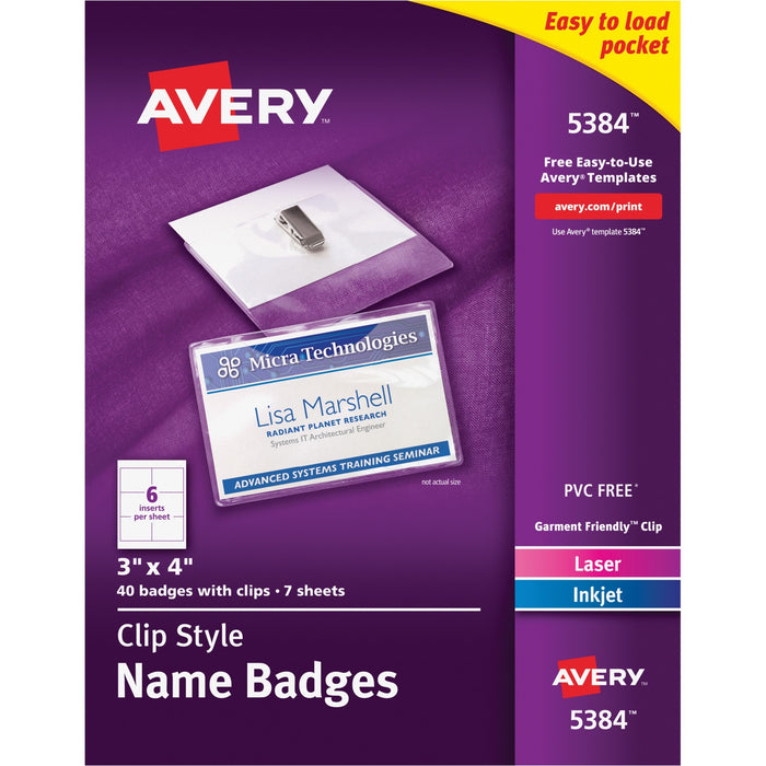 Avery® Top-Loading Garment-Friendly Clip Style Name Badges, 3 x 4, Box of 40 (5384)