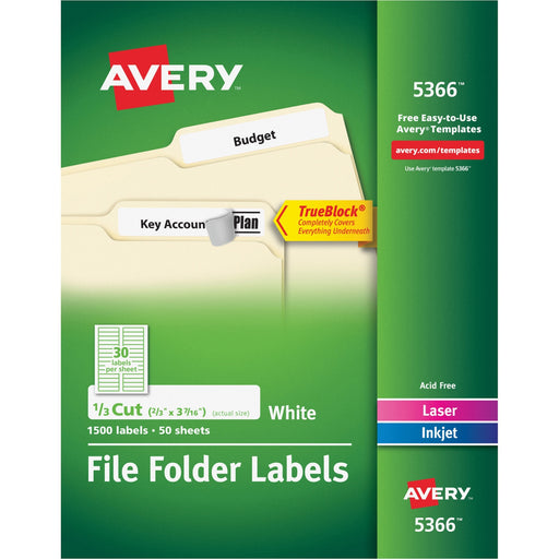 Avery® TrueBlock(R) File Folder Labels, Sure Feed(TM) Technology, Permanent Adhesive, White, 2/3" x 3-7/16", 1,500 Labels (5366)