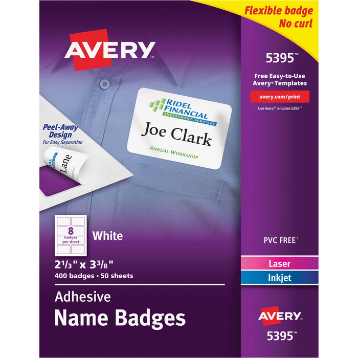 Avery® Premium Personalized Name Tags, Print or Write, 2-1/3" x 3-3/8", 400 Adhesive Tags (5395)