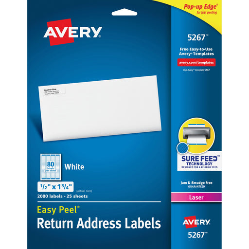 Avery® Easy Peel(R) Return Address Labels, Sure Feed(TM) Technology, Permanent Adhesive, 1/2" x 1-3/4", 2,000 Labels (5267)