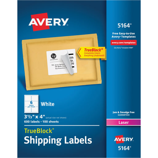 Avery® TrueBlock(R) Shipping Labels, Sure Feed(TM) Technology, Permanent Adhesive, 3-1/3" x 4", 600 Labels (5164)