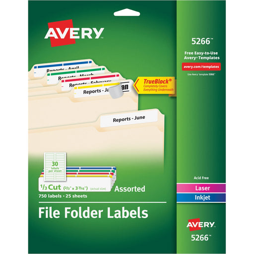 Avery® TrueBlock(R) Permanent File Folder Labels with Sure Feed(TM), 2/3" x 3-7/16", 750 Assorted Labels (5266)