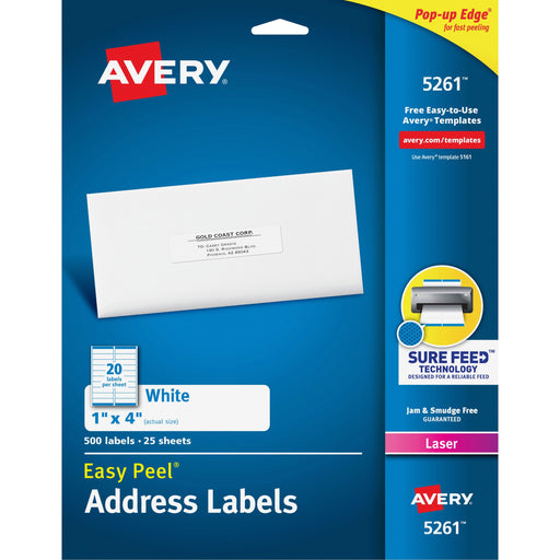 Avery® Easy Peel(R) Address Labels, Sure Feed(TM) Technology, Permanent Adhesive, 1" x 4", 500 Labels (5261)