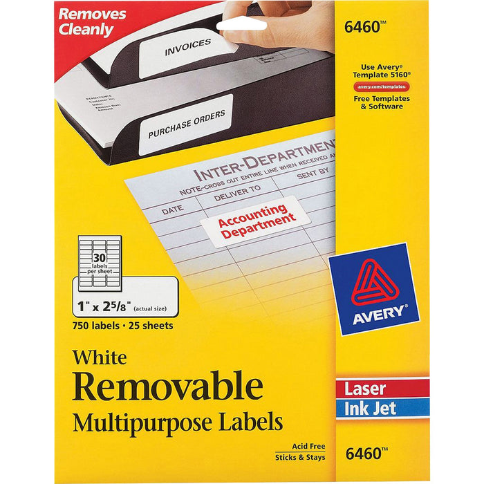 Avery® Removable ID Labels, Sure Feed(TM) Technology, Removable Adhesive, 1" x 2-5/8", 750 Labels (6460)