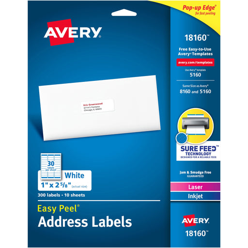 Avery® Easy Peel(R) Address Labels, Sure Feed(TM) Technology, Permanent Adhesive, 1" x 2-5/8", 300 Labels (18160)