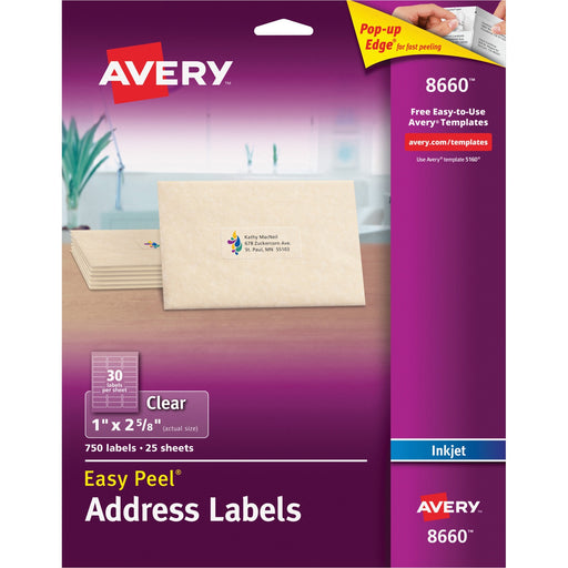 Avery® Matte Clear Address Labels, Sure Feed(TM) Technology, Inkjet, 1" x 2-5/8", 750 Labels (8660)