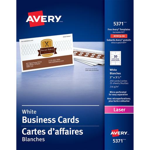 Avery® Printable Business Cards, Two-Sided Printing, 2" x 3-1/2", 250 Cards (5371)