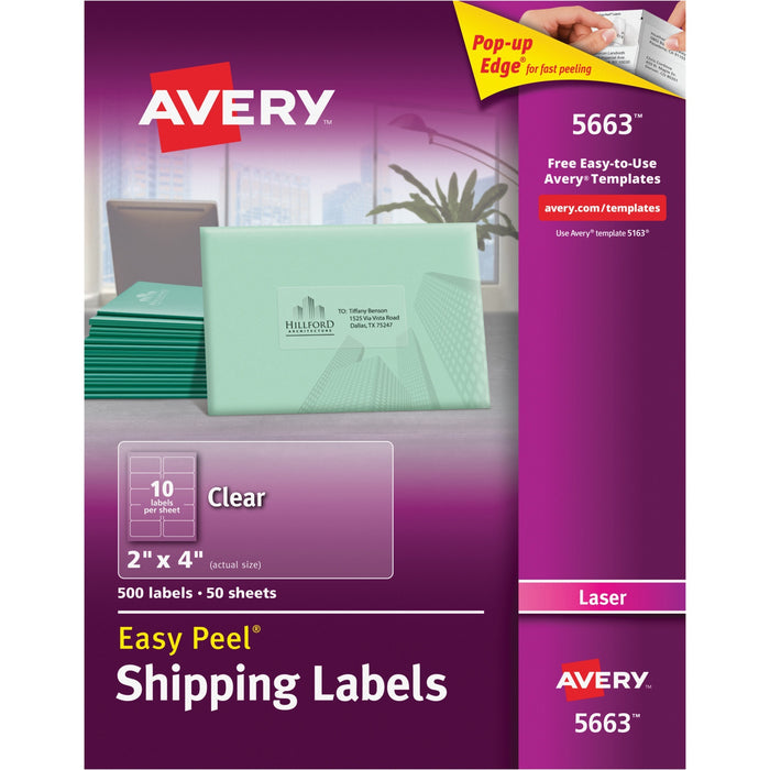 Avery® Matte Clear Shipping Labels, Sure Feed(TM) Technology, Laser, 2" x 4", 500 Labels (5663)