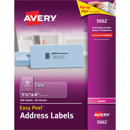 Avery® Matte Clear Address Labels, Sure Feed(TM) Technology, Laser, 1-1/3" x 4", 700 Labels (5662)