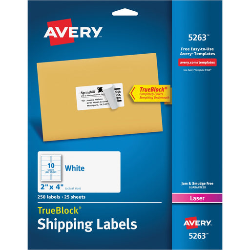 Avery® TrueBlock(R) Shipping Labels, Sure Feed(TM) Technology, Permanent Adhesive, 2" x 4", 250 Labels (5263)