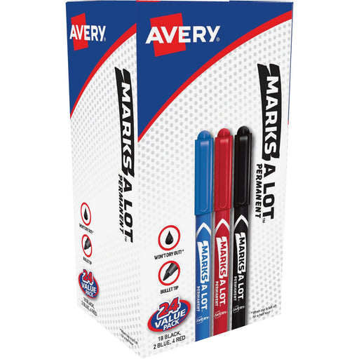 Avery® Marks A Lot(R) Permanent Markers, Pen-Style Size, Bullet Tip, 24 Assorted Markers (29856)