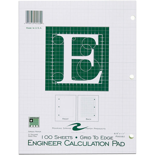 Roaring Spring 5x5 Grid Engineering Pad, 15# Green, 3 Hole Punched, 8.5" x 11" 100 Sheets, Green Paper (Gride to Edge)
