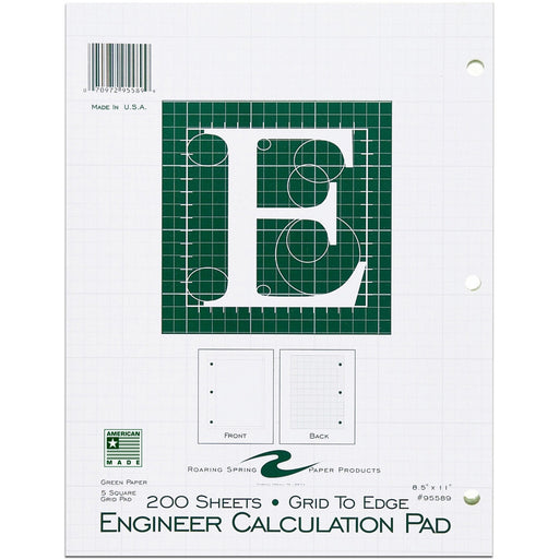 Roaring Spring 5x5 Grid Engineering Pad, 15# Green, 3 Hole Punched, 8.5" x 11" 200 Sheets, Green Paper (Gride to Edge)
