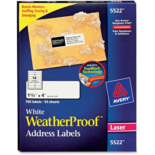 Avery® WeatherProof(TM) Address Labels, Sure Feed(TM) and TrueBlock(R) Technology, 1-1/3" x 4", 700 Laser Labels (5522)