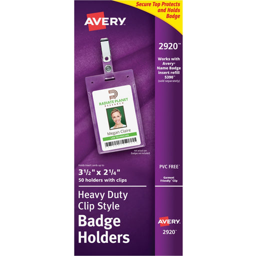 Avery® Clear Heavy-Duty Secure Top Clip Style Portrait Badge Holders, 3-1/2 x 2-1/4, Box of 50 (2920)
