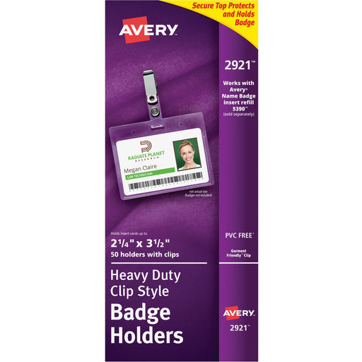 Avery® Clear Heavy-Duty Secure Top Clip Style Landscape Badge Holders, 2-1/4 x 3-1/2, Box of 50 (2921)