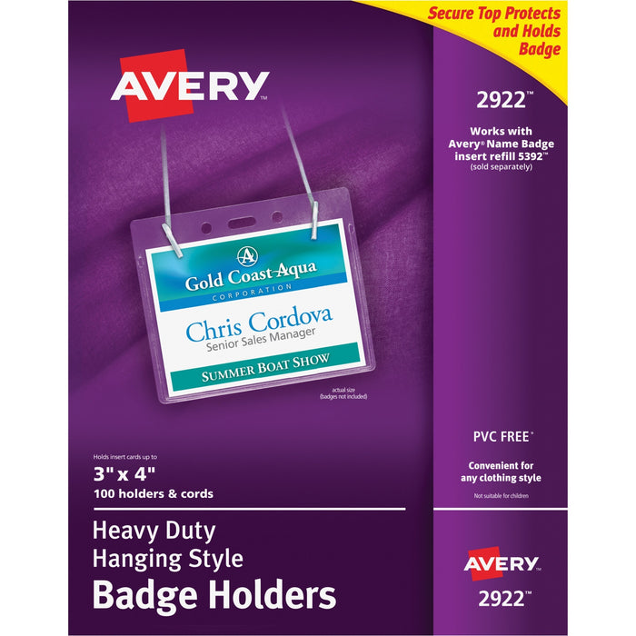 Avery® Heavy-Duty Secure Top Clear Hanging Style Badge Holders, 3" x 4", Landscape, Box of 100 (2922)