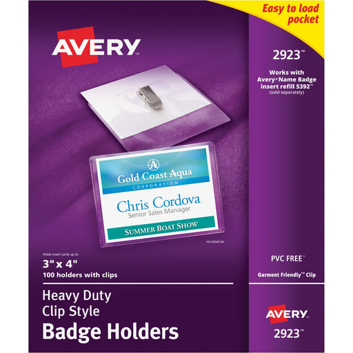 Avery® Clear Heavy-Duty Clip Style Landscape Badge Holders, 3 x 4, Box of 100 (2923)