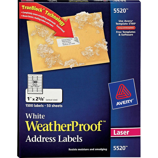 Avery® WeatherProof Mailing Labels, Permanent Adhesive, TrueBlock(R), 1 x 2-5/8, 1,500 Labels (5520)