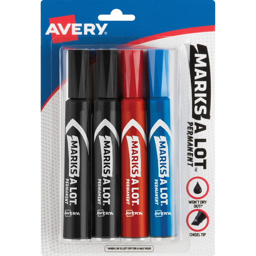 Avery® Marks A Lot(R) Permanent Markers, Regular Desk-Style Size, Chisel Tip, 4 Assorted Markers (07905)