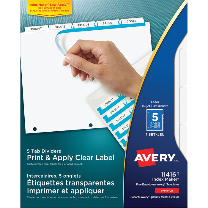 Avery® Print & Apply Clear Label Dividers, Index Maker(R) Easy Apply(TM) Printable Label Strip, 5 White Tabs, 1 Set (11416)