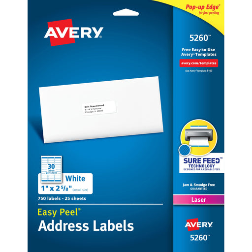 Avery® Easy Peel(R) Address Labels, Sure Feed(TM) Technology, Permanent Adhesive, 1" x 2-5/8", 750 Labels (5260)