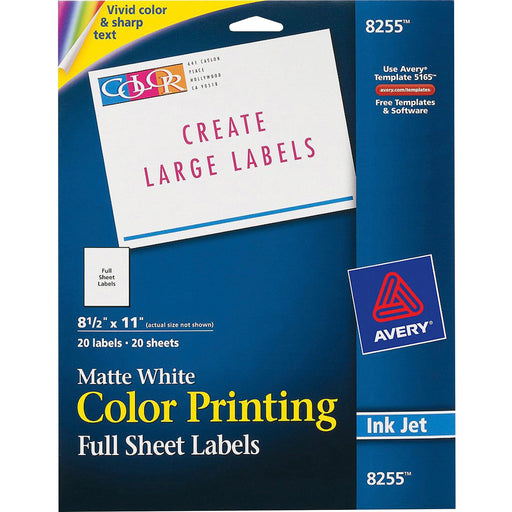 Avery® Color Printing Labels, Permanent Adhesive, Matte, 8-1/2" x 11", 20 Labels (8255)