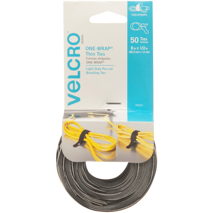 VELCRO® Brand ONE-WRAP® Thin Ties, 8in x 1/2in, Gray & Black, 50ct