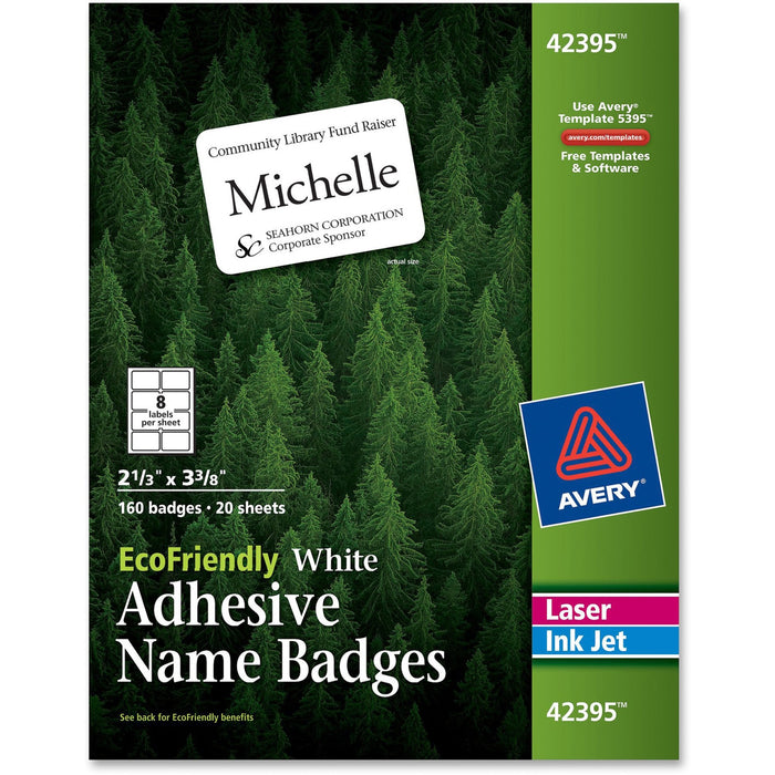 Avery® EcoFriendly Adhesive Name Badge Labels, 2-1/3" x 3-3/8", White, Permanent, 160 Badges (42395)