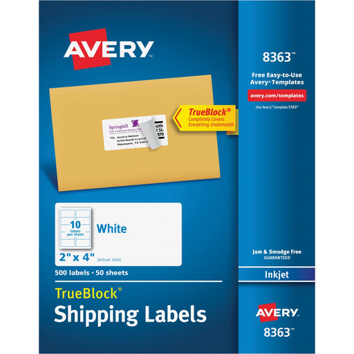 Avery® TrueBlock(R) Shipping Labels, Sure Feed(TM) Technology, Permanent Adhesive, 2" x 4", 500 Labels (8363)