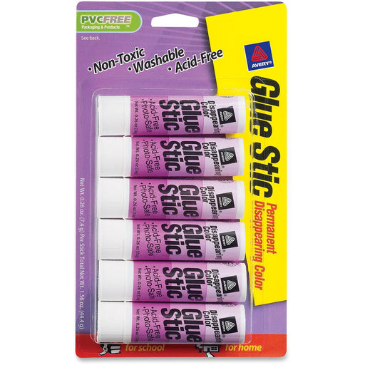 Avery® Glue Stic Disappearing Purple Color, 0.26 oz., Washable, Nontoxic, Permanent Adhesive, 6 Glue Sticks (98096)