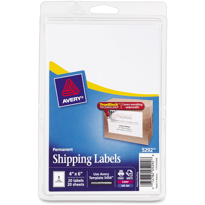 Avery® Shipping Labels, TrueBlock(R) Technology, Permanent Adhesive, 4" x 6", 20 Labels (5292)