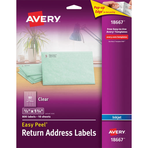 Avery® Matte Clear Return Address Labels, Sure Feed(TM) Technology, Inkjet, 1/2" x 1-3/4", 800 Labels (18667)