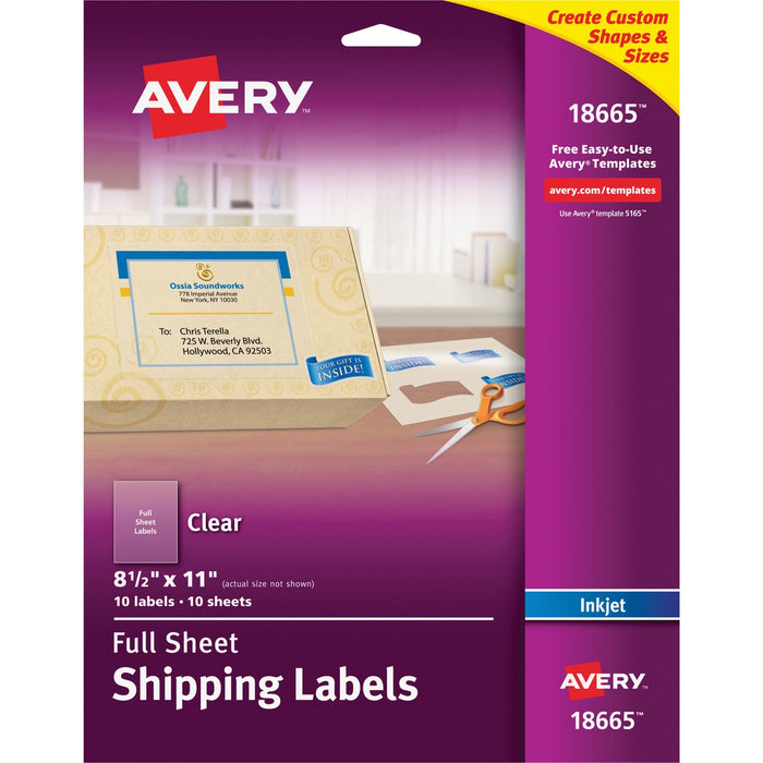 Avery® Shipping Labels, Permanent Adhesive, Matte Frosted Clear, 8-1/2" x 11", 10 Labels (18665)