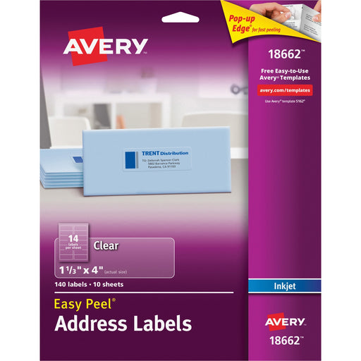 Avery® Matte Clear Address Labels, Sure Feed(TM) Technology, Inkjet, 1-1/3" x 4", 140 Labels (18662)