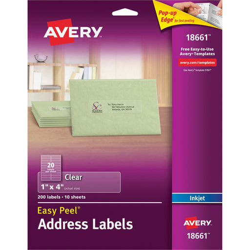 Avery® Matte Clear Address Labels, Sure Feed(TM) Technology, Inkjet, 1" x 4", 200 Labels (18661)