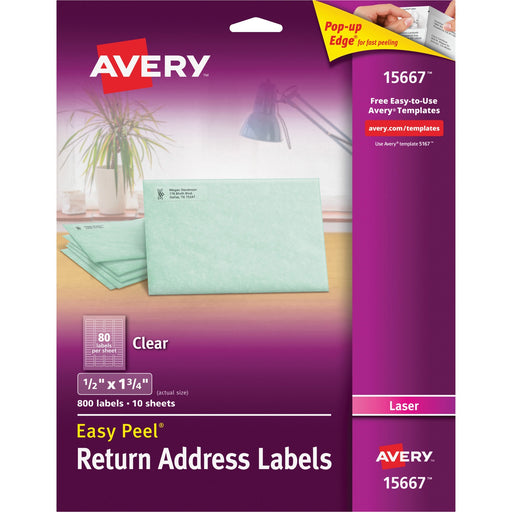 Avery® Matte Clear Return Address Labels, Sure Feed(TM) Technology, Laser, 1/2" x 1-3/4", 800 Labels (15667)