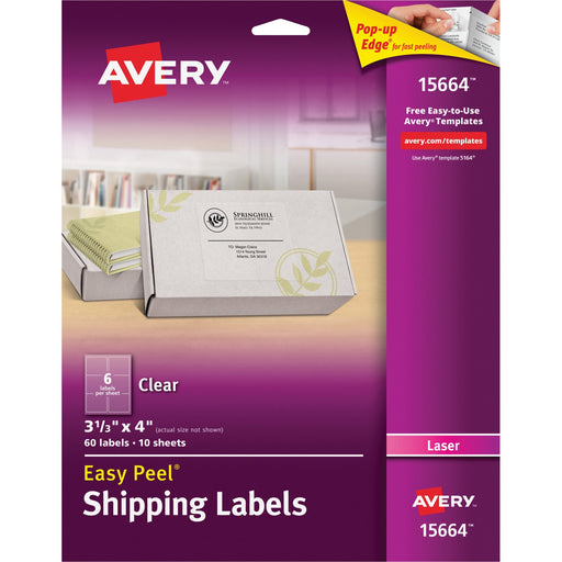 Avery® Matte Clear Shipping Labels, Sure Feed(TM) Technology, Laser, 3-1/3" x 4", 60 Labels (15664)